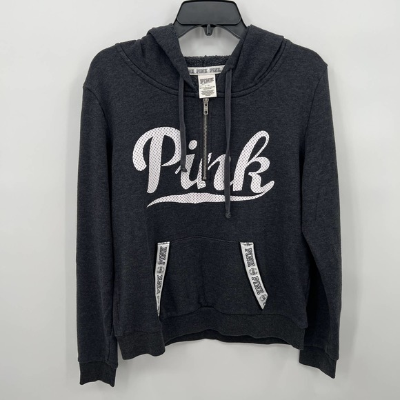 PINK Victoria's Secret Tops - Pink Victoria's Secret Half Zip Hooded Sweatshirt Gray Size Large